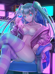 Rule 34 | 1girl, alternate costume, aqua eyes, aqua hair, bandeau, bare shoulders, breasts, commentary, crossed arms, cup, drinking glass, ebinomi, feet out of frame, hair between eyes, hair ornament, hand up, hatsune miku, head tilt, highres, holding, holding cup, jacket, long hair, long sleeves, looking at viewer, midriff, navel, off shoulder, open clothes, open jacket, panties, purple jacket, purple thighhighs, sidelocks, sitting, small breasts, smile, solo, stomach, strapless, striped clothes, striped thighhighs, swivel chair, thighhighs, thighs, tube top, twintails, underwear, vocaloid, white panties, wine glass