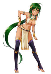 Rule 34 | 1girl, armlet, armpits, bare shoulders, bracer, breasts, cleavage, egyptian clothes, green hair, hairband, highres, leaning forward, loincloth, long hair, looking at viewer, low ponytail, medium breasts, midriff, nam (valckiry), navel, original, signature, smile, solo, standing, thighhighs, usekh collar, very long hair, yellow eyes