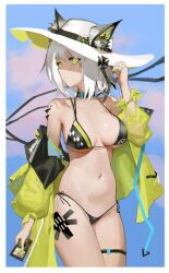 Rule 34 | 1girl, absurdres, adjusting clothes, adjusting headwear, animal ear fluff, animal ears, arknights, bare shoulders, bikini, black bikini, black choker, blue background, border, breasts, cameltoe, cat ears, cat girl, chinese commentary, choker, cleft of venus, closed mouth, commentary request, cowboy shot, ears through headwear, green eyes, green jacket, hat, headhunting permit (arknights), highres, jacket, jewelry, kal&#039;tsit (arknights), large breasts, looking at viewer, looking to the side, material growth, medium hair, navel, off-shoulder jacket, off shoulder, oripathy lesion (arknights), rhodes island logo (arknights), ring, solo, splitting0, stomach, sun hat, sweat, swimsuit, thigh strap, white border, white hair