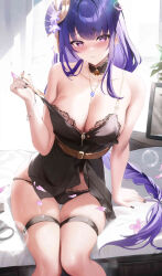 Rule 34 | 1girl, absurdres, alternate costume, bare arms, bare shoulders, black choker, black nails, black panties, blush, bracelet, breasts, choker, cleavage, closed mouth, commentary request, fantongjun, genshin impact, hair ornament, highres, jewelry, large breasts, long hair, looking at viewer, mole, mole on breast, mole under eye, nail polish, necklace, panties, purple eyes, purple hair, raiden shogun, sitting, solo, strap pull, thigh strap, thighs, underwear