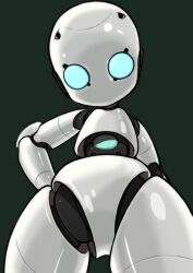 Rule 34 | 1girl, android, beeru (veil8801), blue eyes, blue sclera, colored sclera, colored skin, disney, drossel von flugel, fireball (series), hand on own hip, highres, humanoid robot, joints, no mouth, robot, robot girl, robot joints, thighs, white skin