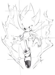 Rule 34 | 1boy, aeyga, aura, bad id, bad twitter id, closed mouth, floating, furry, furry male, gloves, greyscale, highres, looking at viewer, male focus, monochrome, serious, shoes, sneakers, solo, sonic (series), sonic the hedgehog, super sonic, traditional media
