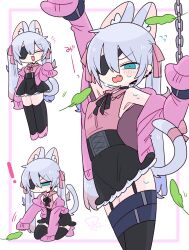 ! 1boy animal_ears blue_eyes blush bulge cat_boy cat_ears cat_tail chain crossdressing dress eyepatch fang frilled_dress frills highres jacket long_hair male_focus multiple_views narrowed_eyes op_na_yarou open_clothes open_jacket open_mouth original sweat tail thighhighs tickling tickling_armpits tickling_ears tickling_tail trap twintails white_background white_hair