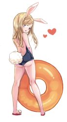 Rule 34 | 1girl, adcd, animal ears, ass, blonde hair, blue eyes, elin, from behind, full body, heart, innertube, long hair, looking back, one-piece swimsuit, open mouth, rabbit ears, rabbit tail, sandals, simple background, solo, swim ring, swimsuit, tail, tera online, twisted neck, white background