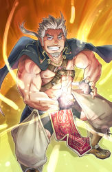 Rule 34 | 1boy, abs, aura, bara, black shorts, brown pants, character request, chest belt, copyright request, crotchless, crotchless pants, facial hair, feet out of frame, forked eyebrows, goatee, grey hair, grin, jacket, jacket on shoulders, long sideburns, looking at viewer, male focus, mature male, muscular, muscular male, nipples, original, pants, pectorals, pelvic curtain, ponytail, short hair, shorts, sideburns, sidepec, smile, solo, suv (suv032), thick eyebrows, thighs, wind