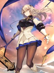 Rule 34 | 1girl, armor, azur lane, boots, breastplate, breasts, brown pantyhose, cloud, cloudy sky, commentary request, floating hair, gauntlets, hair between eyes, highres, holding, holding polearm, holding spear, holding weapon, icomochi, large breasts, long hair, looking at viewer, miniskirt, outdoors, pantyhose, pleated skirt, polearm, red eyes, saint-louis (azur lane), shirt, silver hair, skirt, sky, solo, spear, standing, water, weapon, white shirt, white skirt