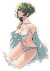 Rule 34 | 10s, 1girl, bad id, bad pixiv id, bikini, blue eyes, blush, breasts, choker, cleavage, dutch angle, earrings, front-tie top, green eyes, green hair, halterneck, heterochromia, idolmaster, idolmaster cinderella girls, jewelry, looking at viewer, matching hair/eyes, mole, mole under eye, navel, necklace, open clothes, open shirt, parted lips, partially submerged, saikawa yusa, shiny skin, shirt, short hair, signature, smile, solo, swimsuit, takagaki kaede, wading, water, wet, white background