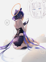Rule 34 | 1girl, anger vein, back, back focus, barefoot, black dress, black gloves, cellphone, dress, from behind, full body, gloves, hair over shoulder, halo, highres, holding, holding phone, hololive, hololive english, ina&#039;s back (meme), long hair, ninomae ina&#039;nis, ninomae ina&#039;nis (1st costume), no shoes, phone, purple hair, sitting, smartphone, solo, spoken anger vein, spoken character, tallgeese (lgeesel), very long hair, virtual youtuber