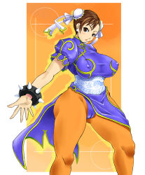 Rule 34 | 1girl, bracelet, breasts, brown eyes, brown hair, cameltoe, capcom, china dress, chinese clothes, chun-li, cleft of venus, covered erect nipples, dress, hip focus, jewelry, large breasts, nipples, pantyhose, pelvic curtain, plump, ryoushun, short hair, solo, spiked bracelet, spikes, street fighter, thick thighs, thighs, wide hips