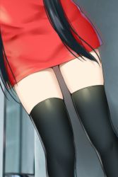 Rule 34 | 1girl, black hair, black thighhighs, blurry, blurry background, close-up, depth of field, dress, dutch angle, highres, long hair, lower body, original, red dress, short dress, skindentation, sky-freedom, solo, thighhighs, thighs, very long hair, zettai ryouiki