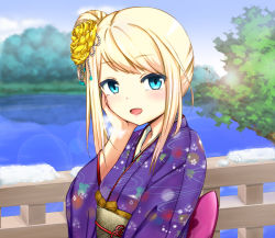 Rule 34 | 1girl, alternate hairstyle, blonde hair, blue eyes, blurry, chloe lemaire, day, depth of field, girlfriend (kari), hair ornament, hand on own cheek, hand on own face, japanese clothes, kanzashi, kimono, lens flare, looking at viewer, obi, open mouth, outdoors, proxy (artist), purokisip, sash, snow, solo, tree, upper body, water