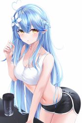 Rule 34 | 1girl, :o, absurdres, ahoge, black shorts, blue hair, blush, breasts, cleavage, cowboy shot, cup, daifuku (yukihana lamy), dolphin shorts, elf, flower, hair between eyes, hair flower, hair ornament, half updo, heart, heart ahoge, highres, hololive, large breasts, leaning forward, light particles, long hair, looking at viewer, multicolored hair, navel, parted lips, pointy ears, shira jun, short shorts, shorts, simple background, solo, sports bra, stomach, streaked hair, very long hair, virtual youtuber, white background, white flower, white sports bra, yellow eyes, yukihana lamy