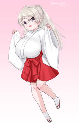 Rule 34 | 1girl, breasts, brown eyes, commentary request, conte di cavour (kancolle), full body, gradient background, hakama, hakama short skirt, hakama skirt, huge breasts, japanese clothes, kantai collection, long hair, masara (chuujou), miko, pink background, red hakama, sandals, silver hair, skirt, socks, solo, tabi, two side up, white socks, wide sleeves