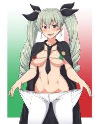 Rule 34 | 10s, 1girl, anchovy (girls und panzer), ao banana, areola slip, bad id, bad twitter id, between breasts, bikini, bikini top only, black necktie, black ribbon, blush, breasts, breasts apart, cape, clothes pull, collarbone, crotch seam, drill hair, embarrassed, eyebrows, fingernails, forced smile, girls und panzer, gluteal fold, green hair, groin, hair between eyes, hair ribbon, highres, large breasts, long fingernails, long hair, looking at viewer, micro bikini, navel, necktie, necktie between breasts, open mouth, pantyhose, pantyhose pull, red eyes, ribbon, solo, stomach, sweat, swimsuit, twin drills, twintails, white pantyhose