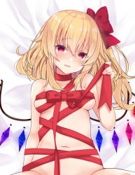 Rule 34 | 1girl, bad id, bad pixiv id, blonde hair, bow, breasts, commentary request, crystal, flandre scarlet, hair bow, long hair, looking at viewer, lying, medium breasts, naked ribbon, navel, on back, red bow, red eyes, red ribbon, ribbon, side ponytail, solo, tosakaoil, touhou, wings