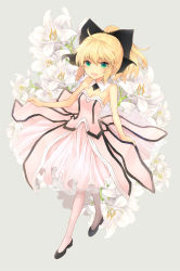 Rule 34 | 1girl, ahoge, arnoul, artoria pendragon (all), artoria pendragon (fate), bad id, bad pixiv id, bare shoulders, blonde hair, bow, caliburn (fate), capcom, detached sleeves, dress, easter lily, fate/stay night, fate/unlimited codes, fate (series), flower, green eyes, hair bow, highres, lily (flower), pantyhose, ponytail, saber (fate), saber lily, solo, white flower, white pantyhose
