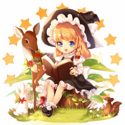 Rule 34 | 10s, 1girl, 2016, :d, animal, artist name, black footwear, blonde hair, blue eyes, book, bow, braid, bug, rabbit, butterfly, dated, deer, frills, hat, hat bow, bug, kirisame marisa, kyuri tizu, long hair, looking at viewer, mary janes, mushroom, open book, open mouth, plant, shoes, side braid, single braid, sitting, smile, solo, squirrel, star (symbol), touhou, tree stump, witch hat