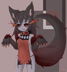 Rule 34 | &gt;:), 1girl, aged down, animal ears, animal hands, ao manjuu, apron, black hair, black sclera, breasts, claw pose, claws, colored sclera, colored skin, cowboy shot, dog ears, dog tail, flaming eyes, grey skin, hellhound (monster girl encyclopedia), highres, long hair, looking at viewer, medium breasts, monster girl, monster girl encyclopedia, monster girl encyclopedia ii, red eyes, sideboob, slit pupils, smile, solo, tail, tail raised, twitter username, v-shaped eyebrows