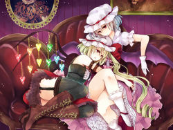 Rule 34 | 2girls, alternate costume, arm belt, ascot, bat wings, black socks, blonde hair, blouse, blue hair, boots, bow, camisole, chain, couch, cross-laced footwear, crossed legs, dress, drill hair, embellished costume, fang, flandre scarlet, frilled dress, frilled skirt, frills, garter straps, gloves, gothic lolita, hat, hat bow, head rest, heart, kneehighs, lolita fashion, lying, mimoto (aszxdfcv), mob cap, multiple girls, no nose, on side, painting (object), pink dress, platform footwear, puffy short sleeves, puffy sleeves, red eyes, red footwear, red skirt, remilia scarlet, shirt, shoes, short hair, short sleeves, side ponytail, skirt, skirt set, socks, thighhighs, touhou, white legwear, wings