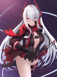 Rule 34 | 1girl, asymmetrical legwear, bandaged leg, bandages, bandaid, bandaid on cheek, bandaid on face, bare legs, black shirt, breasts, cesvelox, grey eyes, headgear, headphones, heterochromia, highres, jacket, long hair, lucia: crimson abyss (punishing: gray raven), mechanical arms, open clothes, open shirt, punishing: gray raven, red eyes, red jacket, red scarf, scarf, shirt, sidelocks, small breasts, sword, very long hair, weapon, white hair