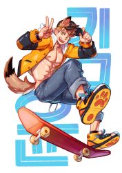 Rule 34 | 1boy, abs, animal ears, borrowed character, brown eyes, brown hair, chain, collared jacket, denim, fangs, hand on headwear, hat, highres, hood, hoodie, jacket, jeans, large pectorals, male focus, mondoart, muscular, muscular male, nipples, open mouth, original, pants, pectorals, shoes, skateboard, skateboarding, solo, spiked hair, tail, thick eyebrows, tongue, topless male, v