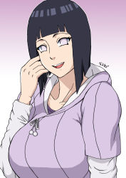 Rule 34 | 1girl, absurdres, black hair, blank eyes, blush, bob cut, boruto: naruto next generations, breasts, cleavage, female focus, highres, hyuuga hinata, large breasts, purple eyes, looking at viewer, mature female, naruho, naruto, naruto (series), no pupils, open mouth, pupiless eyes, purple eyes, short hair, smile, solo, upper body
