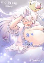 Rule 34 | &gt; &lt;, 1boy, 1girl, artist name, blush, breasts, crown, closed eyes, ghost, gloves, glowing, glowing eyes, hat, huge breasts, long hair, mario, mario (series), new super mario bros. u deluxe, nintendo, no bra, open mouth, out-of-frame censoring, princess king boo, sharp teeth, sumeshi, super crown, tears, teeth, text focus, translation request, white hair