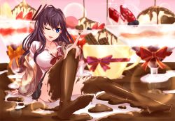 Rule 34 | 10s, 1girl, barefoot, blue eyes, breasts, brown hair, chocolate, chocolate clothes, chocolate covered, chocolate on foot, feet, ichinose shiki, idolmaster, idolmaster cinderella girls, long hair, looking at viewer, shingo (picturepuzzle), solo, thighhighs, valentine