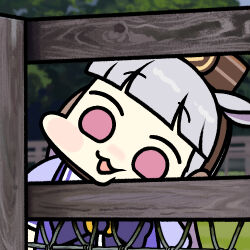 Rule 34 | 1girl, animal ears, blunt bangs, brown headwear, chibi, commentary, fence, gold ship (umamusume), grey hair, head rest, head tilt, headgear, imitating, jazz jack, looking at viewer, lowres, outdoors, photo-referenced, pillbox hat, pink eyes, pose imitation, purple sailor collar, purple shirt, real life, sailor collar, sailor shirt, school uniform, shirt, short sleeves, solo, summer uniform, tracen school uniform, umamusume, upper body, white sailor collar, wide face, wooden fence