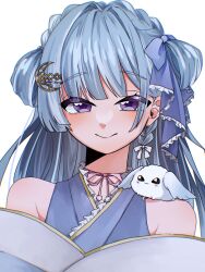 Rule 34 | 1girl, amaui, animal, animal on shoulder, blue bow, blue hair, blue kimono, blunt bangs, blush, bow, braid, closed mouth, commentary, crescent, crescent hair ornament, crown braid, hair bow, hair ornament, highres, japanese clothes, kimono, long hair, looking at viewer, medium bangs, nanashi inc., off shoulder, pococo, purple eyes, rabbit, side braid, simple background, smile, solo, upper body, virtual youtuber, white background, white bow