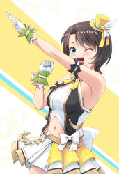 Rule 34 | 1girl, arm up, armband, belt, bow, breasts, brown hair, clenched hand, commentary request, gloves, green eyes, haniwa (leaf garden), hat, hat ribbon, highres, hololive, idol, looking at viewer, medium breasts, mini hat, navel, official alternate costume, one eye closed, oozora subaru, open mouth, pleated skirt, ribbon, short hair, skirt, sleeveless, smile, solo, star (symbol), top hat, upper body, virtual youtuber, winged hat