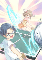 Rule 34 | 1boy, 1girl, :d, aged down, ball, blue-framed eyewear, blue hair, blush, brown eyes, character request, child, cowboy shot, emphasis lines, floating hair, glasses, hair between eyes, hair bobbles, hair ornament, highres, holding, holding paddle, humuyun, kanou tenzen, light brown hair, looking at object, looking at viewer, looking back, medium hair, miniskirt, motion lines, official art, open mouth, orange skirt, outstretched arm, paddle, shirt, short hair, short sleeves, simple background, skirt, sleeveless, sleeveless shirt, smile, summer pockets, surprised, table tennis, table tennis ball, table tennis net, table tennis paddle, tsurime, two side up, upper body, white shirt, wide-eyed, yellow background, yellow shirt