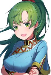 Rule 34 | 1girl, arms under breasts, bad id, bad twitter id, black gloves, breasts, crossed arms, earrings, fingerless gloves, fire emblem, fire emblem: the blazing blade, gloves, green eyes, green hair, highres, jewelry, long hair, lyn (fire emblem), medium breasts, nintendo, open mouth, ponytail, ringozaka mariko, short sleeves, simple background, solo, white background