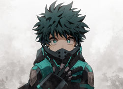 Rule 34 | 1boy, black bodysuit, black gloves, black hair, bodysuit, boku no hero academia, boku no hero academia: world heroes&#039; mission, coi mha, commentary, freckles, gloves, gradient background, green bodysuit, green eyes, green hair, grey background, hand up, looking at viewer, male focus, mask, messy hair, midoriya izuku, mouth mask, official alternate costume, short hair, solo, upper body