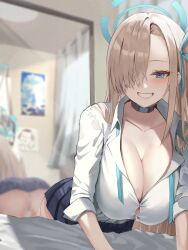 Rule 34 | asuna (blue archive), blue archive, blue eyes, breasts, cleavage, highres, large breasts, light brown hair, long hair, looking at viewer, miho (user7939139), shirt, smile, white shirt