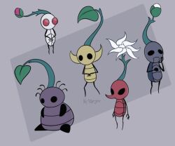 Rule 34 | artist name, black eyes, blue pikmin, bud, bug, closed mouth, flower, grey background, hand on own cheek, hand on own face, hollow knight, ketcheye, leaf, nintendo, no humans, no mouth, own hands together, parody, pikmin (creature), pikmin (series), pointy ears, pointy nose, purple pikmin, red eyes, red pikmin, simple background, sitting, solid circle eyes, style parody, third-party source, v-shaped eyes, white flower, white pikmin, yellow pikmin