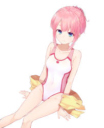 Rule 34 | 1girl, absurdres, blue eyes, breasts, chiyoda momo, closed mouth, collarbone, competition swimsuit, daifuku (tkja3555), hair ornament, hair scrunchie, highres, looking at viewer, machikado mazoku, one-piece swimsuit, pink hair, pink one-piece swimsuit, ponytail, scrunchie, short hair, simple background, sitting, small breasts, solo, swimsuit, towel, white background, yellow towel
