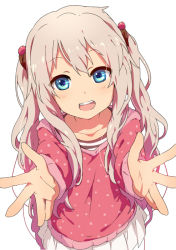 Rule 34 | 1girl, blue eyes, hair ornament, long hair, long sleeves, looking at viewer, ogipote, open mouth, original, outstretched arms, outstretched hand, pleated skirt, shirt, silver hair, simple background, skirt, smile, solo, twintails, very long hair, white background