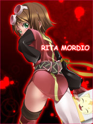 Rule 34 | 00s, 1girl, ass, belt, book, brown hair, childmaid (artist), from behind, goggles, goggles on head, green eyes, hand on own hip, hip focus, pantyhose, rita mordio, short hair, single leg pantyhose, solo, tales of (series), tales of vesperia