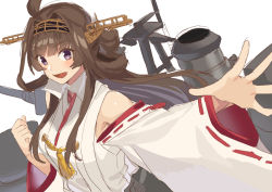 Rule 34 | 1girl, ahoge, akagi kurage, blush, breasts, brown hair, clenched hand, detached sleeves, double bun, hair bun, headgear, highres, japanese clothes, kantai collection, kongou (kancolle), long hair, open mouth, purple eyes, ribbon-trimmed sleeves, ribbon trim, rigging, simple background, solo, upper body, white background