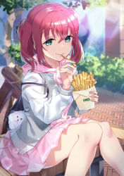 Rule 34 | 1girl, absurdres, backpack, bag, bench, blue jacket, blush, closed mouth, commentary request, day, eating, feet out of frame, firewood, food, french fries, green eyes, highres, holding, holding food, hood, hoodie, jacket, kurosawa ruby, long sleeves, looking at viewer, love live!, love live! school idol festival, love live! sunshine!!, miniskirt, open clothes, open jacket, outdoors, pink hair, pink hoodie, pink skirt, pleated skirt, short hair, sitting, skirt, smile, solo, tree, two side up, yamaori (yamaorimon)