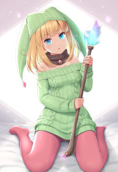 Rule 34 | 1girl, :o, bare shoulders, blonde hair, blue eyes, brooch, crystal, dress, green hat, hand up, hat, head tilt, holding, jester cap, jewelry, looking at viewer, no shoes, off-shoulder sweater, off shoulder, original, pantyhose, parted lips, pink pantyhose, ribbed sweater, sasaame, scarf, sitting, solo, staff, sweater, sweater dress, wariza