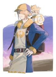 Rule 34 | 1boy, arm at side, backpack, bag, blonde hair, blue jumpsuit, border, brown bag, commentary request, creatures (company), dated, game freak, gen 2 pokemon, hair bun, hair over one eye, hand on own hip, hat, highres, jumpsuit, long sleeves, male focus, nintendo, notice lines, pankona (ubsssss), parted lips, pokemon, pokemon (creature), pokemon legends: arceus, smile, togepi, volo (pokemon), white border, yellow headwear