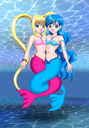 Rule 34 | 00s, 2girls, bikini, blonde hair, blue eyes, blue hair, caustics, earrings, hair ornament, houshou hanon, intertwined tails, jewelry, long hair, mermaid, mermaid melody pichi pichi pitch, monster girl, multiple girls, nanami lucia, necklace, shell, shell bikini, star (symbol), star earrings, star hair ornament, swimsuit, twintails, underwater, very long hair