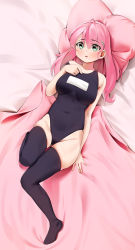 Rule 34 | 1girl, absurdres, ahoge, bed sheet, black one-piece swimsuit, black thighhighs, blanket, breasts, commentary, covered navel, eyes visible through hair, full body, gdd (vkejr702), green eyes, hair ornament, hairclip, hand on own chest, hand up, head on pillow, highleg, highleg swimsuit, highres, long hair, looking at viewer, lying, medium breasts, on back, on bed, one-piece swimsuit, open mouth, original, pillow, pink hair, school swimsuit, solo, strap slip, swimsuit, teeth, thighhighs, upper teeth only
