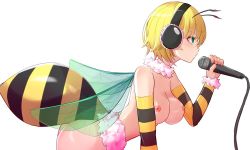 Rule 34 | 1girl, antennae, arthropod girl, bee girl, bent over, blonde hair, blue eyes, breasts, circleteck, detached sleeves, female focus, from side, fur trim, headphones, holding, holding microphone, insect girl, insect wings, microphone, monster girl, nipples, nude, original, profile, short hair, simple background, solo, white background, wings