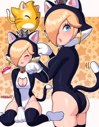 Rule 34 | 1girl, 1other, absurdres, adapted costume, animal costume, animal hands, animal hood, ass, bell, black thighhighs, blonde hair, blue eyes, blush, breasts, cat costume, cat cutout, cat hood, cat rosalina, cleavage, cleavage cutout, clothing cutout, crown, earrings, eyelashes, gloves, hair over one eye, highres, hood, jewelry, leotard, luma (mario), mario (series), medium breasts, mini crown, neck bell, nintendo, paw gloves, paw pose, paw shoes, rosalina, sarukaiwolf, smile, speech bubble, star (symbol), star earrings, super bell, super mario 3d world, thighhighs