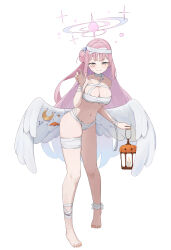 1girl absurdres angel_wings bandages barefoot blue_archive blush breasts candle cleavage closed_mouth collarbone commentary english_commentary fang flower full_body hair_bun hair_flower hair_ornament hair_ribbon halloween halo highres holding holding_lantern lantern large_breasts long_hair looking_at_viewer low_wings mika_(blue_archive) mummy_costume nail_polish naked_bandage navel orange_nails pink_hair pink_halo purple_flower ribbon ruha_(ruha12haru) simple_background single_side_bun smile solo standing stomach thighs toenail_polish toenails white_background white_ribbon white_wings wings yellow_eyes