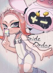 Rule 34 | 1girl, agent 8 (splatoon), bodysuit, closed mouth, commentary, copyright name, crown, drone, eyelashes, floating, glitch, grey eyes, grey hair, highres, medium hair, multicolored hair, nintendo, non-humanoid robot, octoling, octoling girl, octoling player character, one eye closed, orange hair, panu, pearl drone (splatoon), robot, sleeveless, sleeveless bodysuit, smile, splatoon (series), splatoon 3, splatoon 3: side order, standing, standing on one leg, tentacle hair, two-tone hair, white background, white bodysuit