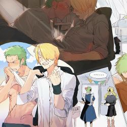 Rule 34 | ..., 2boys, alternate costume, blonde hair, blush, clothes lift, collage, collared shirt, curly eyebrows, eye contact, facial hair, goatee, green hair, hair over one eye, highres, imminent kiss, lifted by self, long sideburns, looking at another, male focus, multiple boys, nose blush, one piece, roronoa zoro, sanji (one piece), shirt, shirt lift, short hair, sideburns, underpec, wig, yaoi, ynnn m